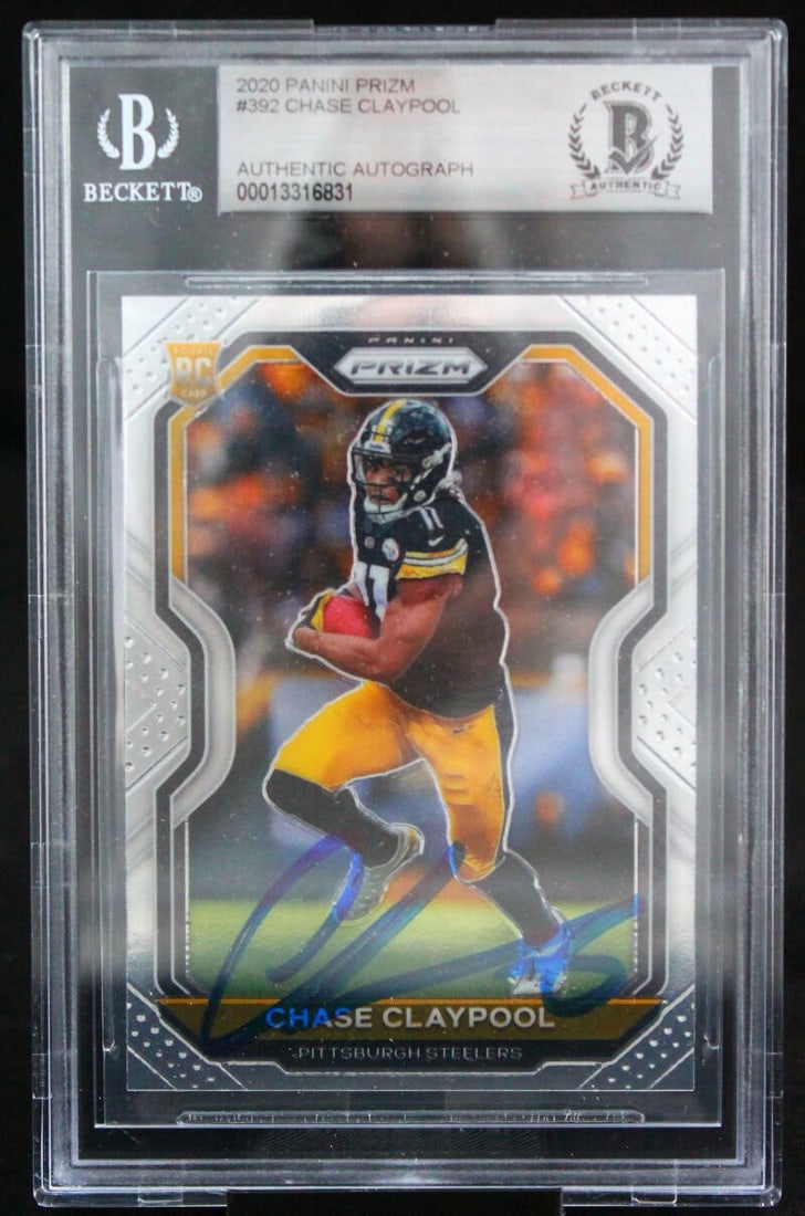 2020 Panini Prizm Chase Claypool Autographed Card BGS 10 Steelers: 2020 Panini Prizm Chase Claypool Autographed Card BGS 10 Steelers This is a 2020 Panini Prizm sports trading card featuring rookie athlete Chase Claypool from the Pittsburgh Steelers. The card is hand