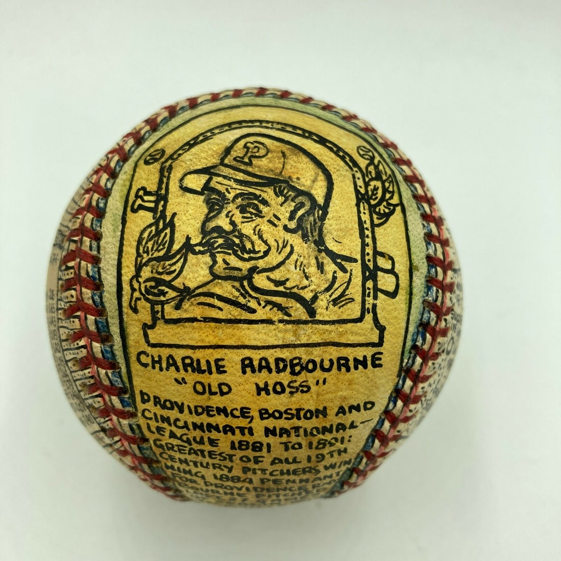 Charles Radbourn Old Hoss Folk Art Baseball signed by George Sosnak JSA COA: Charles Radbourn Old Hoss Folk Art Baseball signed by George Sosnak JSA COA This exceptional baseball features a hand-painted design by renowned artist George Sosnak, depicting the legendary Charles R