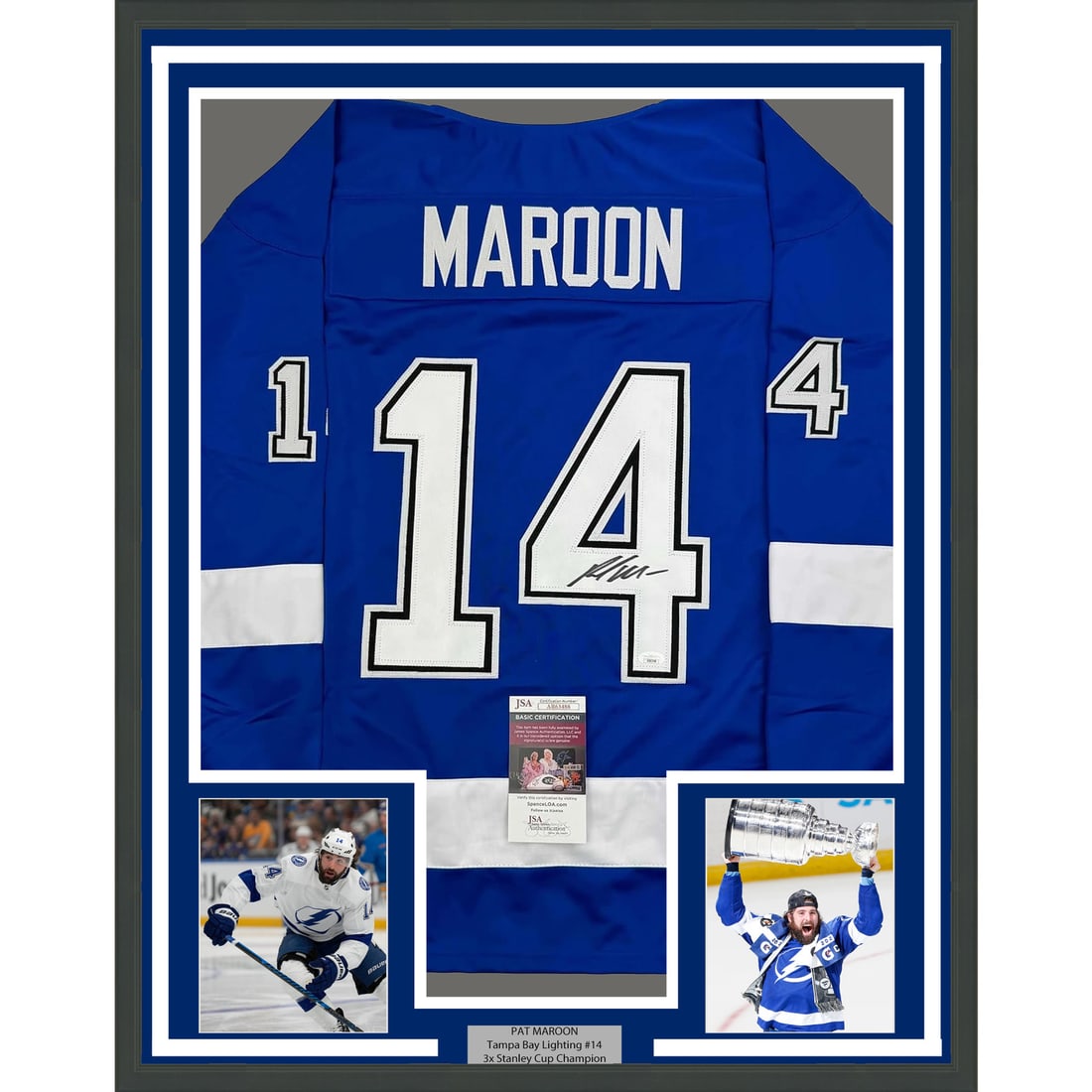 Framed Pat Maroon Autographed Jersey Tampa Bay Lightning JSA COA: Framed Pat Maroon Autographed Jersey Tampa Bay Lightning JSA COA Celebrate your love for hockey with this professionally framed and matted autographed Pat Maroon jersey. This stunning piece measures 3