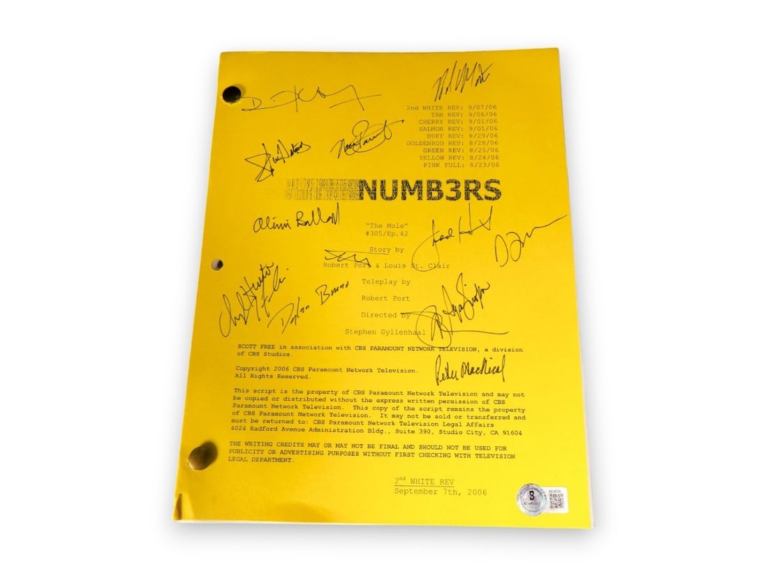 Numb3rs Cast Signed Script with 14 Autographs Beckett Authenticated: Numb3rs Cast Signed Script with 14 Autographs Beckett Authenticated This Numb3rs cast signed TV script features a total of 14 autographs, including those of Rob Morrow, David Krumholtz, Judd Hirsch, P