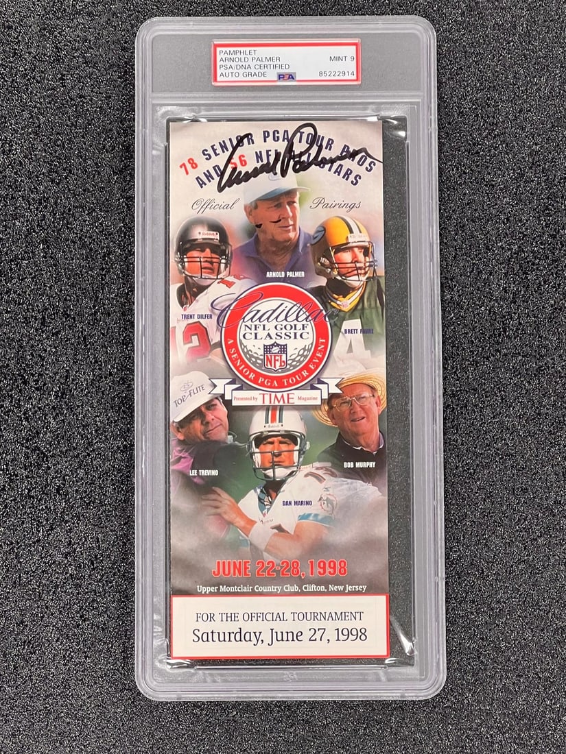 Arnold Palmer Autographed Golf Pamphlet PSA/DNA AUTO 9: Arnold Palmer Autographed Golf Pamphlet PSA/DNA AUTO 9 This is an original autographed golf pamphlet featuring the legendary Arnold Palmer, authenticated by PSA/DNA with an impressive AUTO 9 rating. T