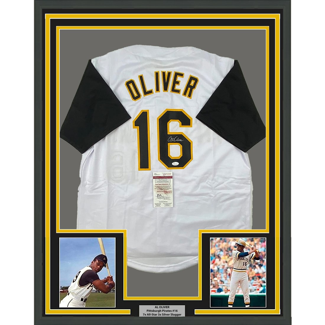 Framed Al Oliver Autographed Pittsburgh Pirates Jersey with JSA COA: Framed Al Oliver Autographed Pittsburgh Pirates Jersey with JSA COA Celebrate your passion for baseball with this stunning framed autographed jersey of Al Oliver, a distinguished player from the Pitts