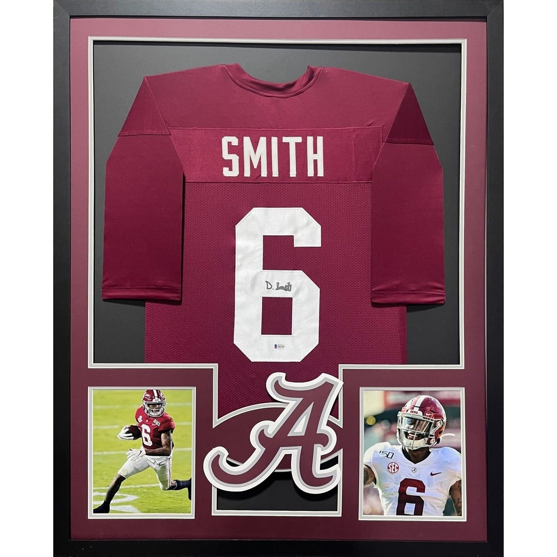 DeVonta Smith Autographed Framed Jersey Alabama Beckett Certified: DeVonta Smith Autographed Framed Jersey Alabama Beckett Certified This remarkable framed jersey features the autograph of DeVonta Smith, a standout player from Alabama. Authenticated by Beckett, a lea