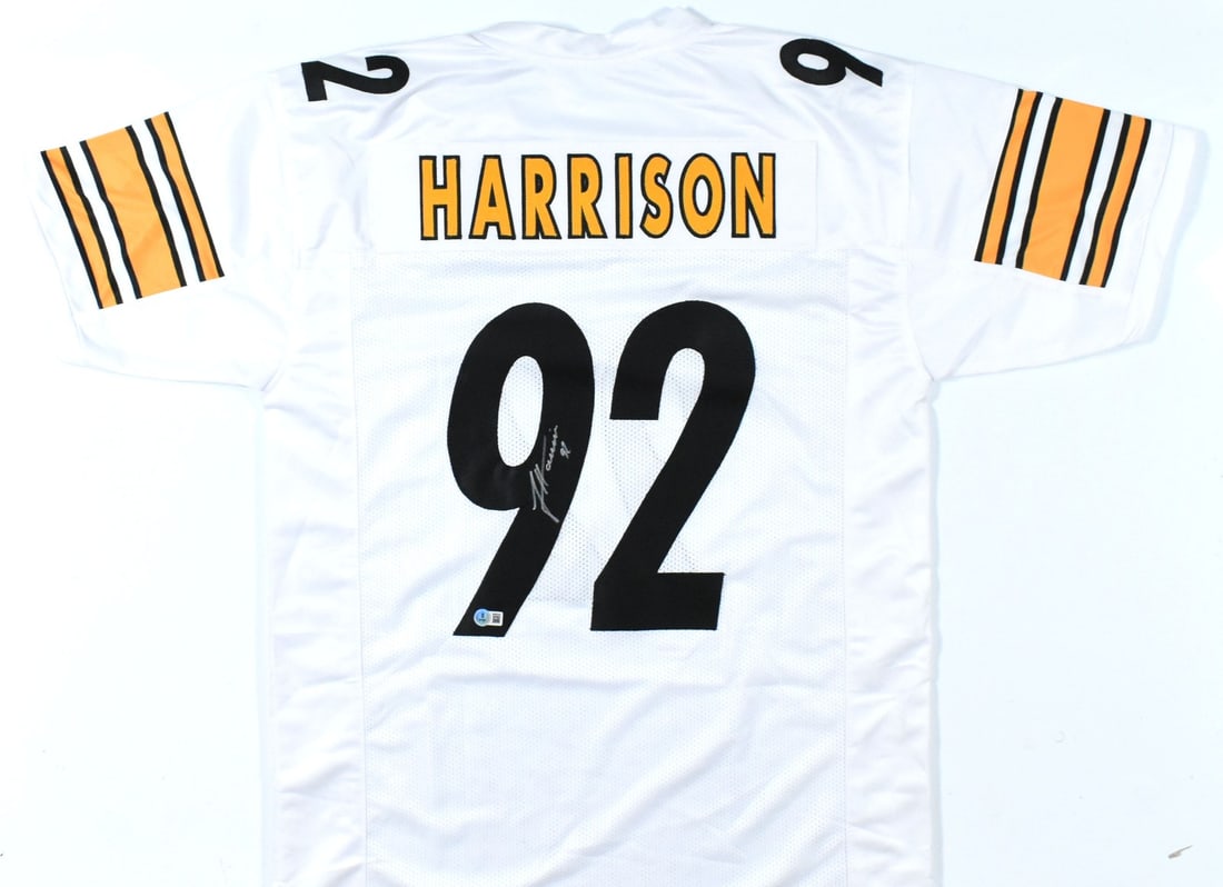 Signed White Pro Style Football Jersey Beckett W Hologram James Harrison: Signed White Pro Style Football Jersey Beckett W Hologram James Harrison This is a white pro style football jersey autographed by James Harrison, featuring a Beckett W hologram for authentication. The