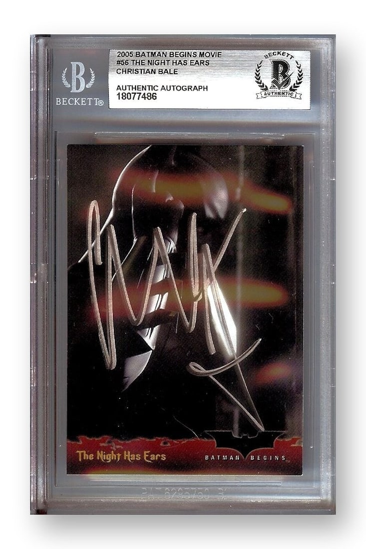 Christian Bale Autographed Batman Begins Trading Card #56 Beckett Authenticated: Christian Bale Autographed Batman Begins Trading Card #56 Beckett Authenticated This is a Christian Bale signed trading card from the movie Batman Begins, featuring card number 56. The autograph has b