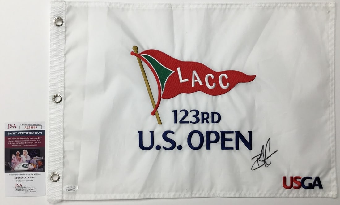 Brian Harman Signed 123rd LACC US Open Pin Flag JSA #AZ58895: Brian Harman Signed 123rd LACC US Open Pin Flag JSA #AZ58895 Celebrate the thrilling sport of golf with this officially licensed 123rd LACC US Open pin flag, personally signed by PGA star Brian Harman