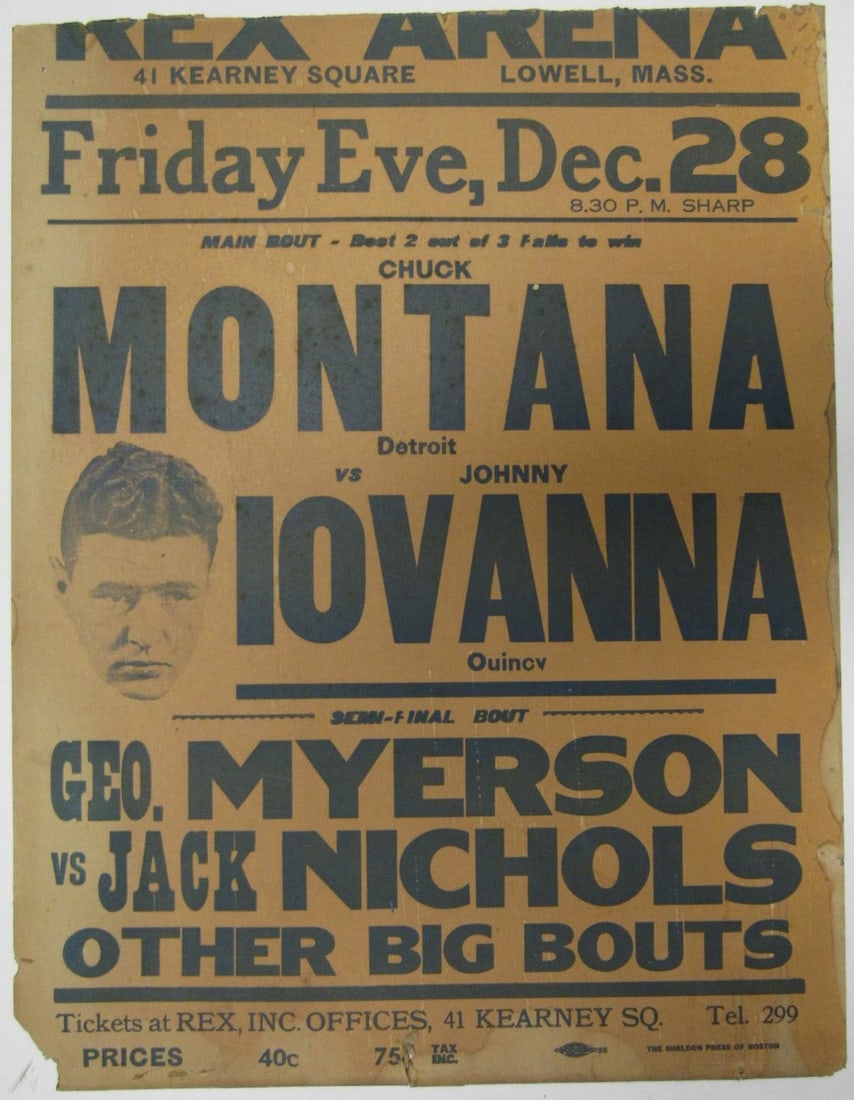 Vintage 1940s Chuck Montana vs Johnny Iovanna Wrestling Poster 14x22: Vintage 1940s Chuck Montana vs Johnny Iovanna Wrestling Poster 14x22 This vintage 14x22 wrestling poster features the iconic match-up between Chuck Montana and Johnny Iovanna, known as Great Balbo, Sa