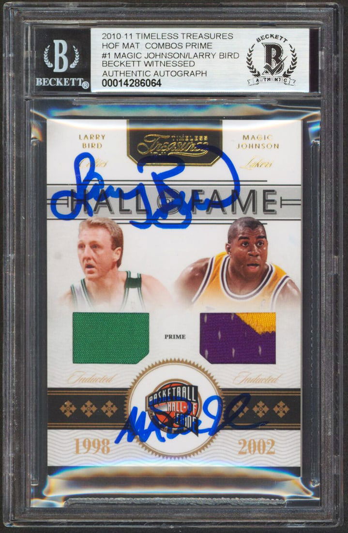 Magic Johnson Larry Bird Signed 2010 Timeless HOF Card Auto 10 Beckett 24/50: Magic Johnson Larry Bird Signed 2010 Timeless HOF Card Auto 10 Beckett 24/50 This is a rare collectible basketball card featuring the iconic signatures of Magic Johnson and Larry Bird. Graded Gem Mint