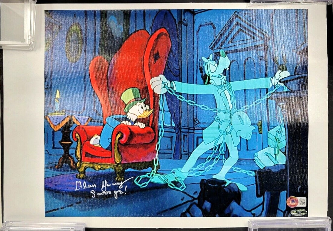 Alan Young Signed Scrooge McDuck 11x14 Canvas Photo Beckett Authenticated: Alan Young Signed Scrooge McDuck 11x14 Canvas Photo Beckett Authenticated This original 11x14 canvas photograph features the beloved character Scrooge McDuck from the animated series DuckTales, signed