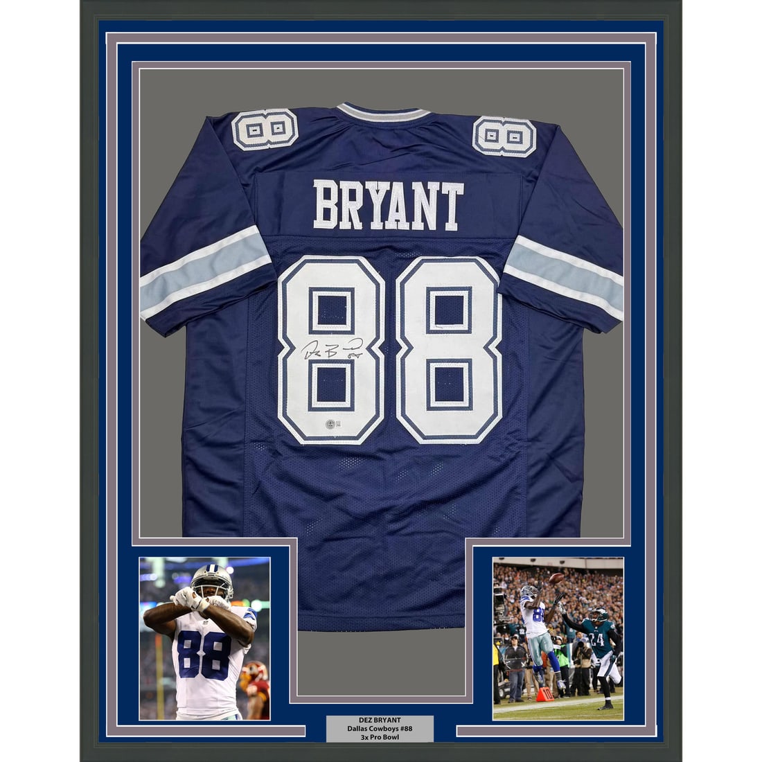 Dez Bryant Signed Dallas Cowboys Framed Blue Jersey 35x39 With Beckett COA: Dez Bryant Signed Dallas Cowboys Framed Blue Jersey 35x39 With Beckett COA This is a framed and autographed Dallas Cowboys blue jersey signed by Dez Bryant. The jersey is professionally framed and mat