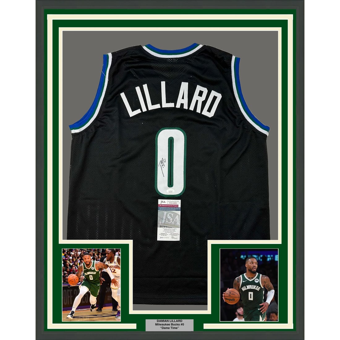 Framed Autographed Damian Lillard Milwaukee Bucks Jersey JSA COA: Framed Autographed Damian Lillard Milwaukee Bucks Jersey JSA COA This professionally framed and matted piece features a signed black jersey of NBA star Damian Lillard, showcasing his authenticity thro
