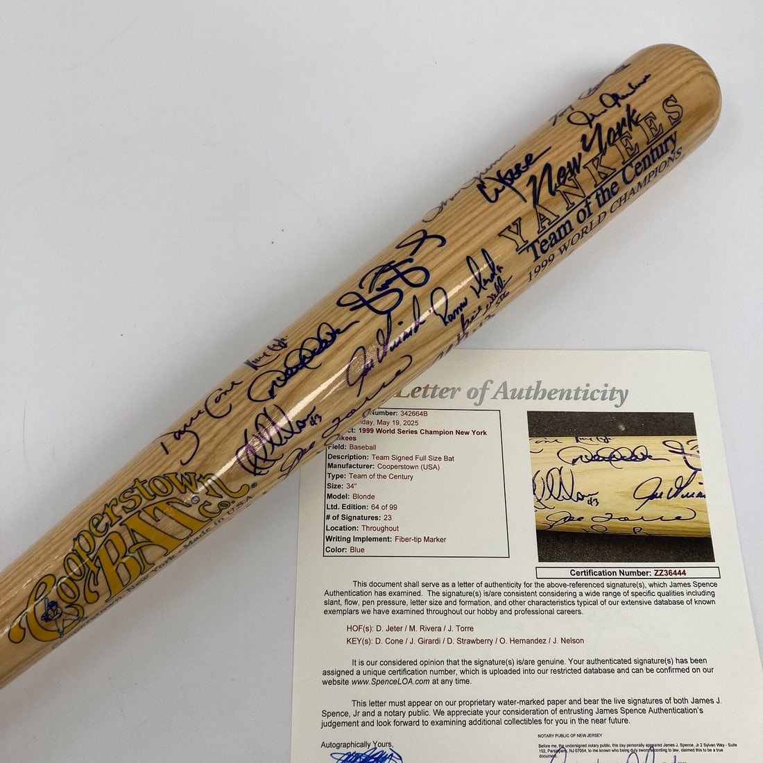 1999 Yankees World Series Champs Signed Bat Jeter Rivera JSA Authenticated: 1999 Yankees World Series Champs Signed Bat Jeter Rivera JSA Authenticated Celebrate the legendary 1999 New York Yankees with this authentic team-signed baseball bat, featuring the signatures of 23 pl