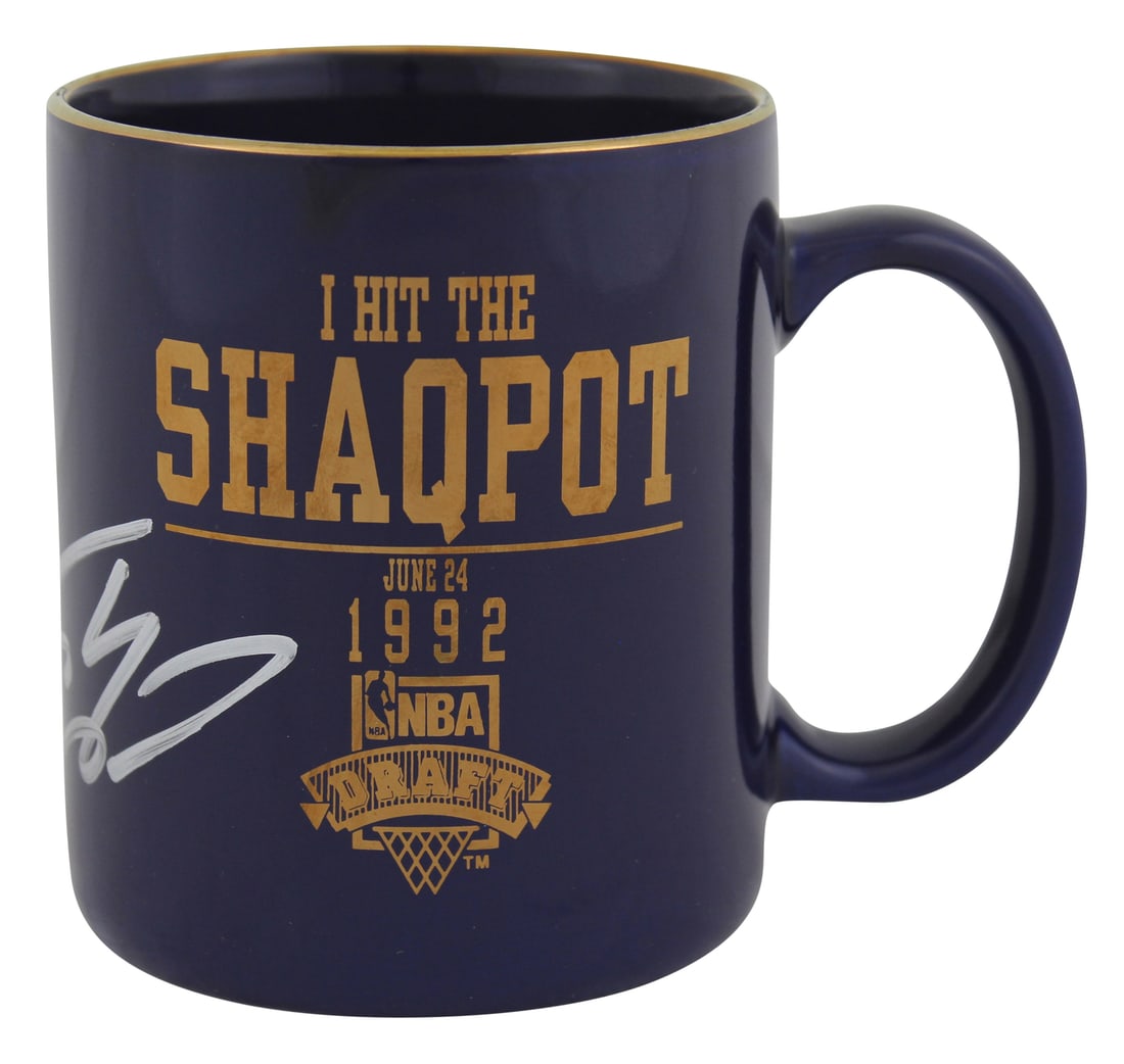 Shaquille O'Neal Signed 1992 NBA Draft Shaqpot Mug Beckett Authenticated: Shaquille O'Neal Signed 1992 NBA Draft Shaqpot Mug Beckett Authenticated Celebrate the legacy of Shaquille O'Neal with this original autographed Shaqpot coffee mug from the 1992 NBA Draft. Personally