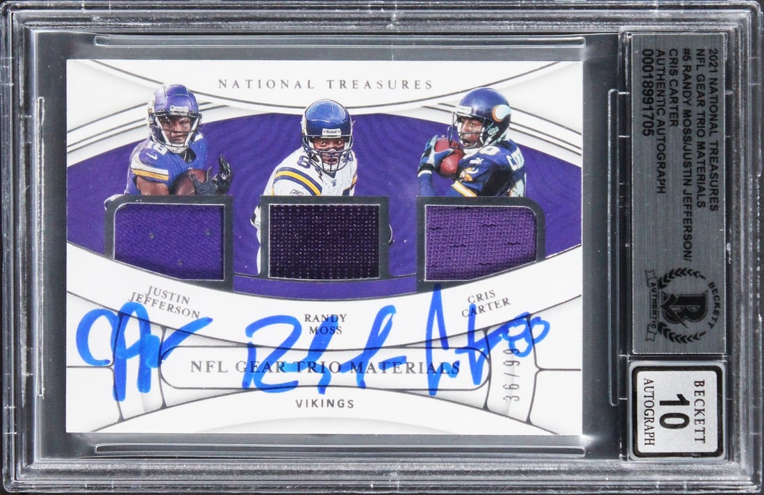2021 NT Trifecta Signed Card Justin Jefferson Randy Moss Cris Carter 36/99 BAS Gem Mint 10: 2021 NT Trifecta Signed Card Justin Jefferson Randy Moss Cris Carter 36/99 BAS Gem Mint 10 This stunning 2021 National Treasures NFL Gear Trio Materials #6 card is a remarkable collectible for any foo