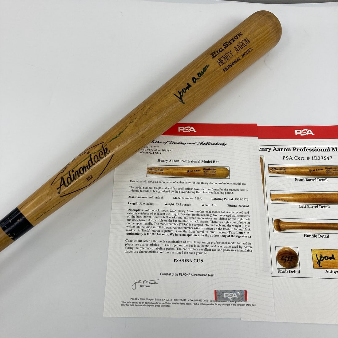 Hank Aaron 1975 Game Used Signed Bat PSA DNA Graded 9 JSA COA: Hank Aaron 1975 Game Used Signed Bat PSA DNA Graded 9 JSA COA This is a remarkable Hank Aaron game-used baseball bat from the 1975-1976 manufacturing period, specifically the Adirondack model "229A."
