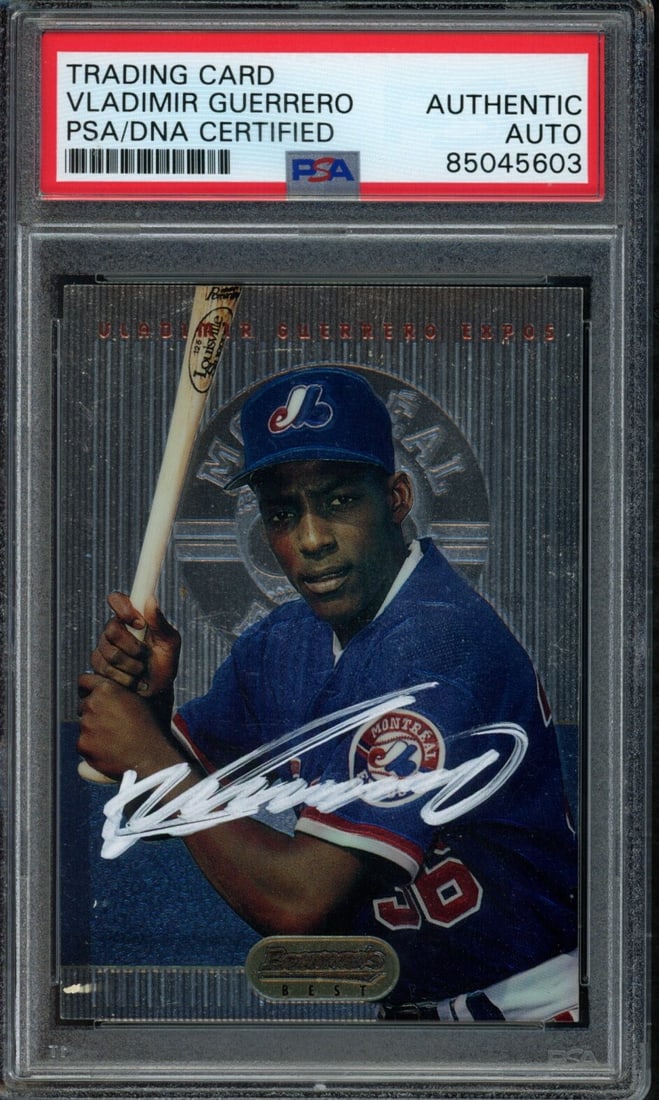 Vladimir Guerrero Signed 1995 Expos Rookie Card #2 PSA/DNA: Vladimir Guerrero Signed 1995 Expos Rookie Card #2 PSA/DNA This is a signed 1995 Bowman's Best rookie card of Vladimir Guerrero, featuring him as a member of the Montreal Expos. The card has been auth