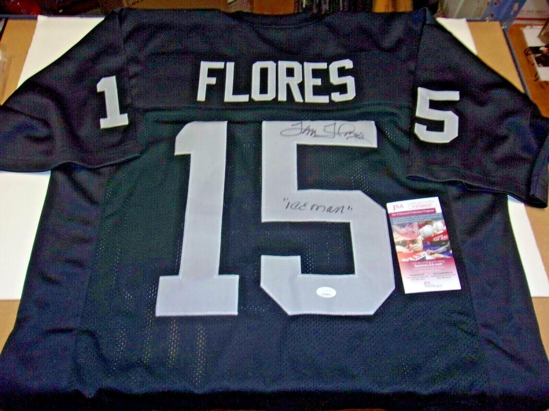 TOM FLORES Oakland Raiders Signed Jersey with JSA/COA: TOM FLORES Oakland Raiders Signed Jersey with JSA/COA Celebrate the legacy of Tom Flores, the first quarterback of the Oakland Raiders and a Super Bowl Champion, with this authentic signed jersey. Thi