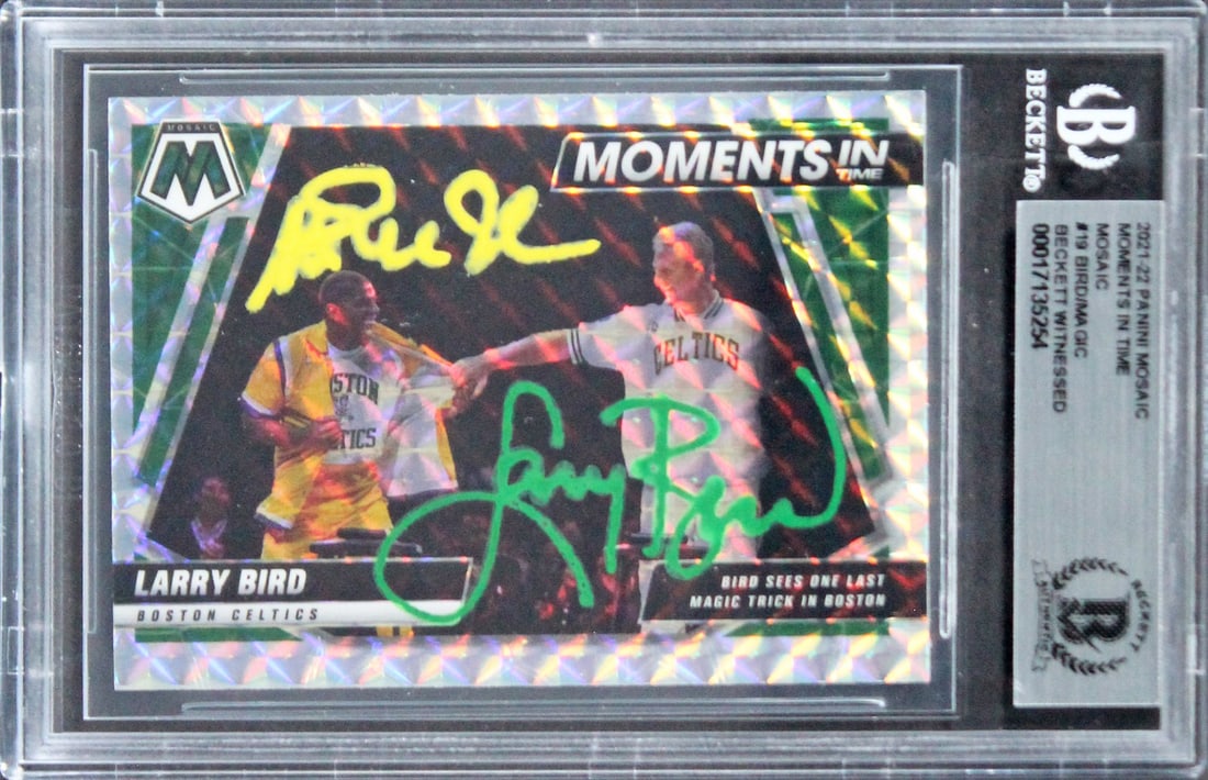Magic Johnson Larry Bird Signed 2021 Panini Mosaic #19 Card Beckett Authenticated: Magic Johnson Larry Bird Signed 2021 Panini Mosaic #19 Card Beckett Authenticated This autographed 2021 Panini Mosaic Moments In Time Mosaic #19 card features the iconic signatures of basketball legen
