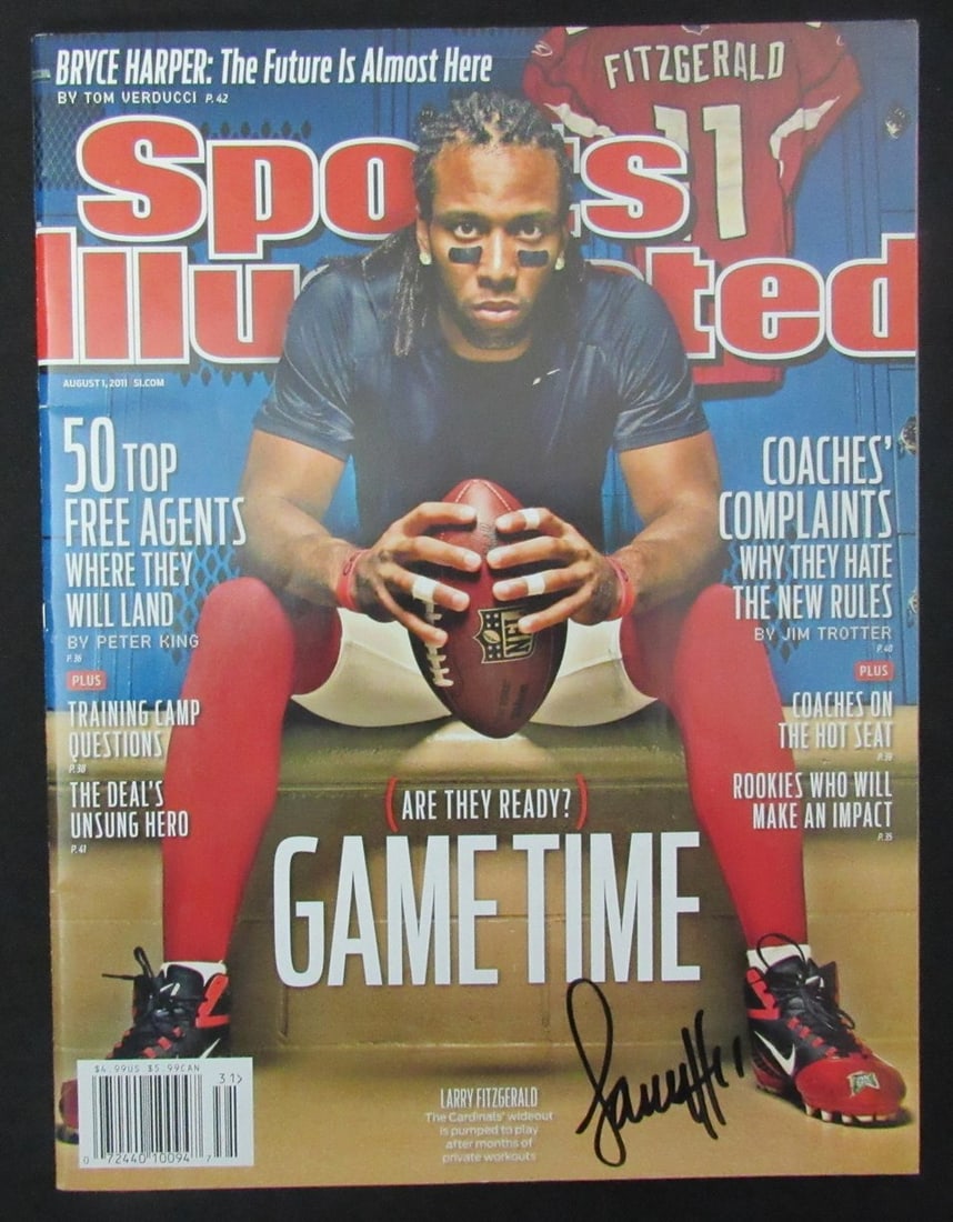 Larry Fitzgerald Autographed Sports Illustrated Magazine JSA Certified 2011: Larry Fitzgerald Autographed Sports Illustrated Magazine JSA Certified 2011 This is an original, signed November 1, 2011 Sports Illustrated magazine featuring Larry Fitzgerald of the Arizona Cardinals