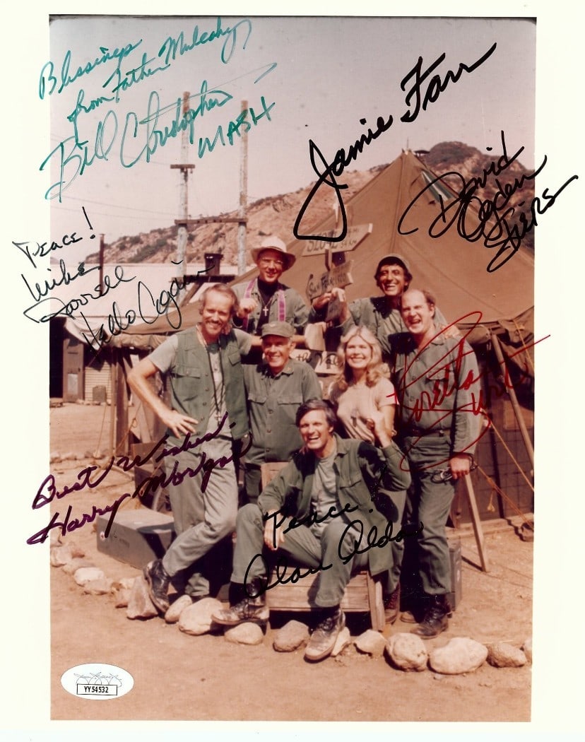 M*A*S*H Cast Autographed 8X10 Photo JSA Authenticated: M*A*S*H Cast Autographed 8X10 Photo JSA Authenticated This is an original 8X10 photograph featuring the esteemed cast of M*A*S*H, autographed by seven iconic actors: Alan Alda, Harry Morgan, Mike Farr