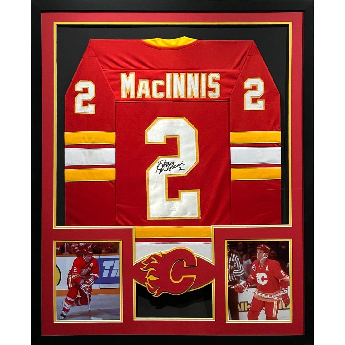 Framed Al Macinnis Signed Jersey JSA Authenticated Calgary Flames: Framed Al Macinnis Signed Jersey JSA Authenticated Calgary Flames This framed jersey features the autographed signature of Al Macinnis, a legendary player for the Calgary Flames. Authenticated by JSA,