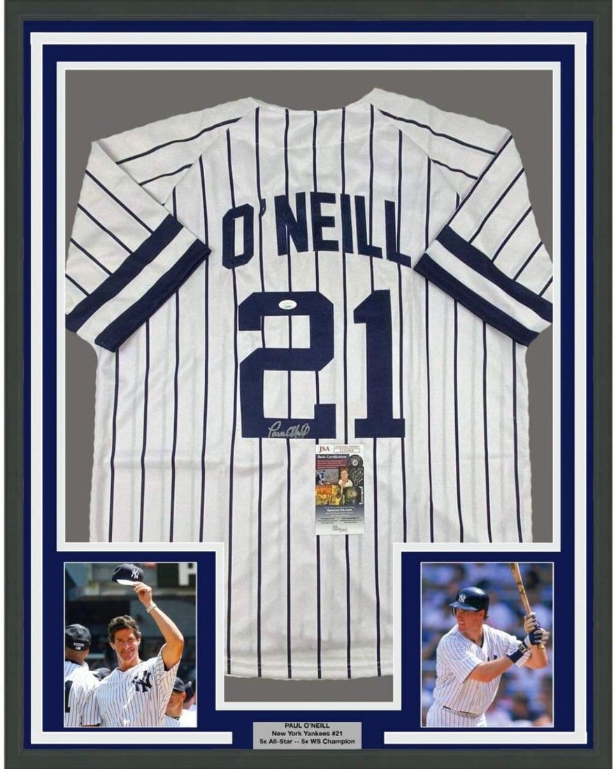 Framed Signed Paul O'Neill New York Yankees Jersey JSA Authenticated: Framed Signed Paul O'Neill New York Yankees Jersey JSA Authenticated Celebrate your love for baseball with this professionally framed and autographed Paul O'Neill New York Yankees pinstripe jersey. Me
