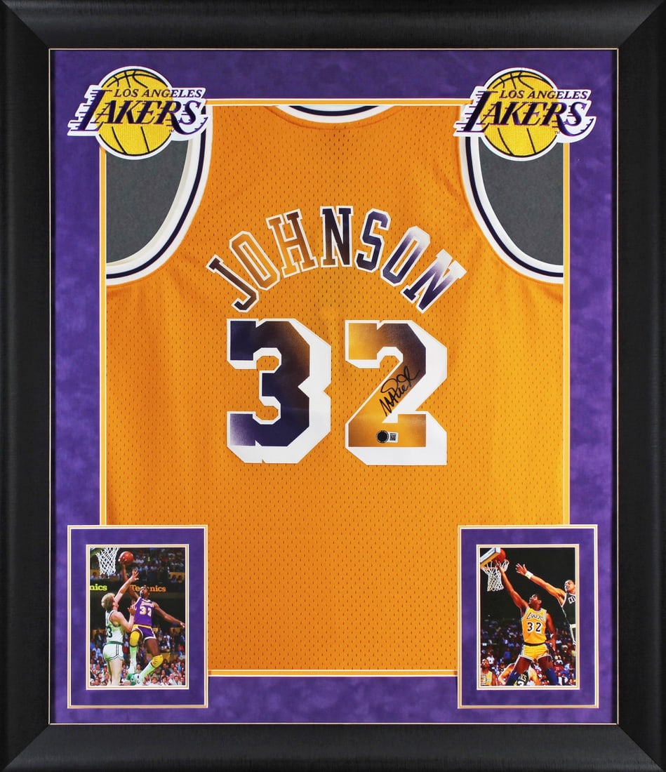 Magic Johnson Signed Lakers Yellow Swingman Framed Jersey BAS Authenticated (1 of 2)