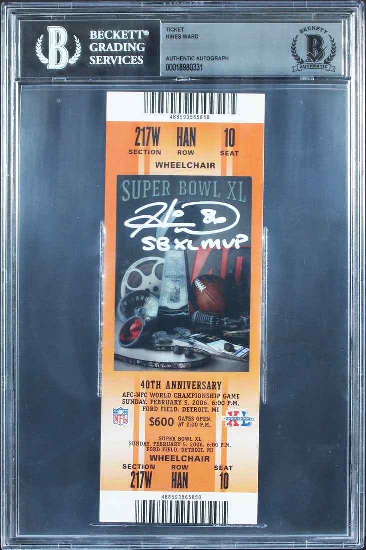 Hines Ward Signed Super Bowl XL Ticket Stub SB XL MVP Beckett Authentic: Hines Ward Signed Super Bowl XL Ticket Stub SB XL MVP Beckett Authentic Celebrate the legacy of Hines Ward with this original Super Bowl XL ticket stub, dated February 5, 2006, personally signed by th