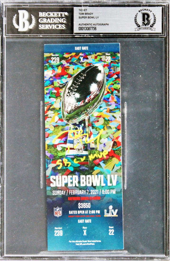 Tom Brady Signed Super Bowl LV Ticket Stub SB LV MVP Beckett Slabbed: Tom Brady Signed Super Bowl LV Ticket Stub SB LV MVP Beckett Slabbed Celebrate the legacy of Tom Brady with this autographed Super Bowl LV Full Ticket Stub, featuring the inscription "SB LV MVP." Pers
