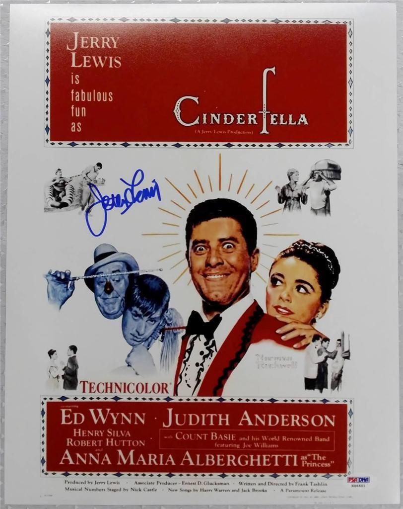 Jerry Lewis Autographed 11x14 Cinderfella Photo with PSA DNA COA: Jerry Lewis Autographed 11x14 Cinderfella Photo with PSA DNA COA This is an original 11x14 photograph from the film Cinderfella, personally signed by Jerry Lewis. The autograph is in his full name and