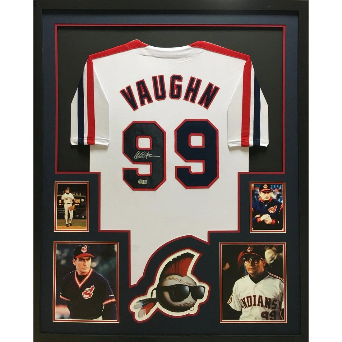 Charlie Sheen Signed Framed Jersey Rick Vaughn Beckett Authenticated: Charlie Sheen Signed Framed Jersey Rick Vaughn Beckett Authenticated This is an autographed Charlie Sheen framed jersey, featuring his character Rick Vaughn from Major League. The jersey is authentica