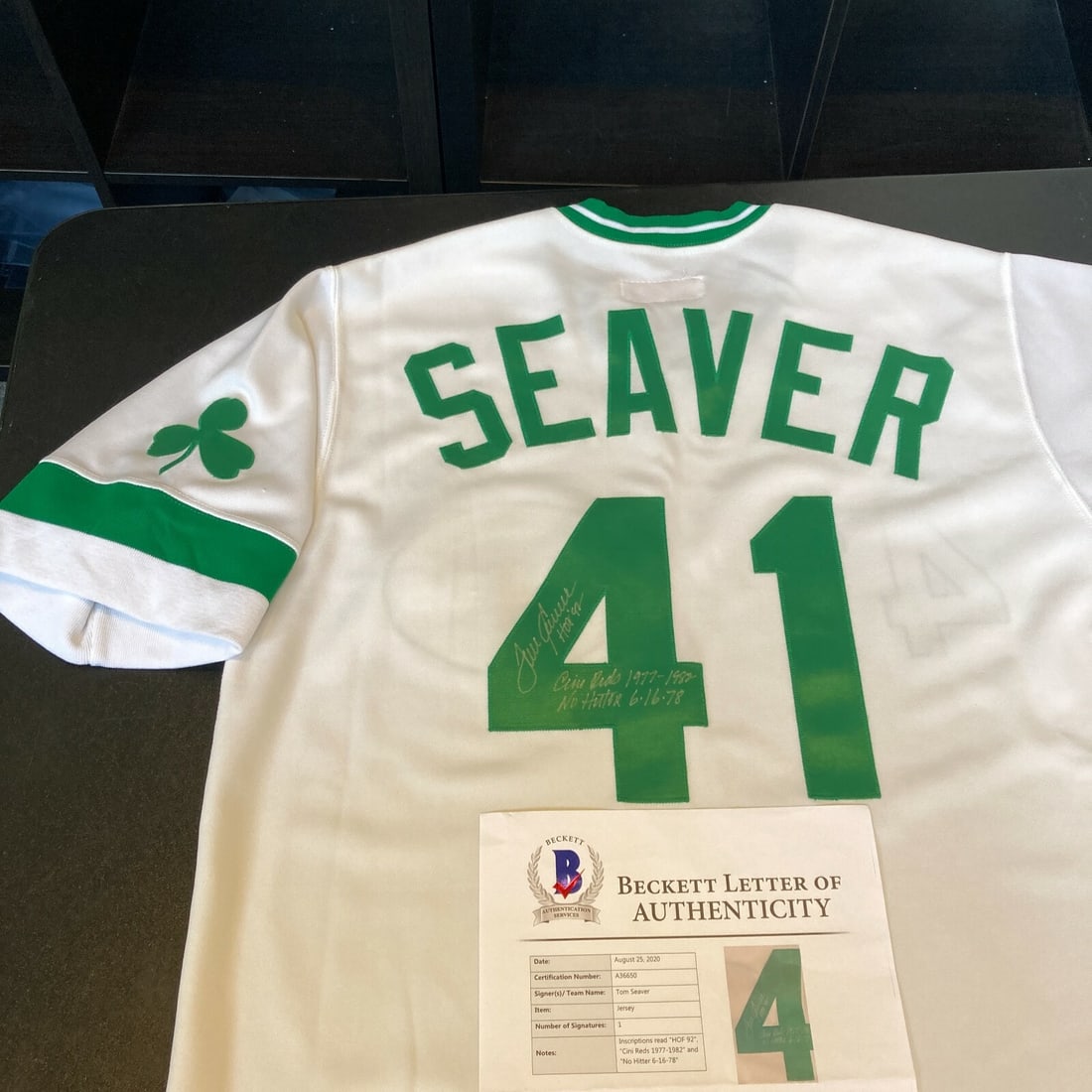 Tom Seaver Signed Reds Jersey Inscribed No Hitter HOF JSA: Tom Seaver Signed Reds Jersey Inscribed No Hitter HOF JSA This authentic Cincinnati Reds jersey is signed by the legendary Tom Seaver, featuring detailed inscriptions that commemorate his remarkable c