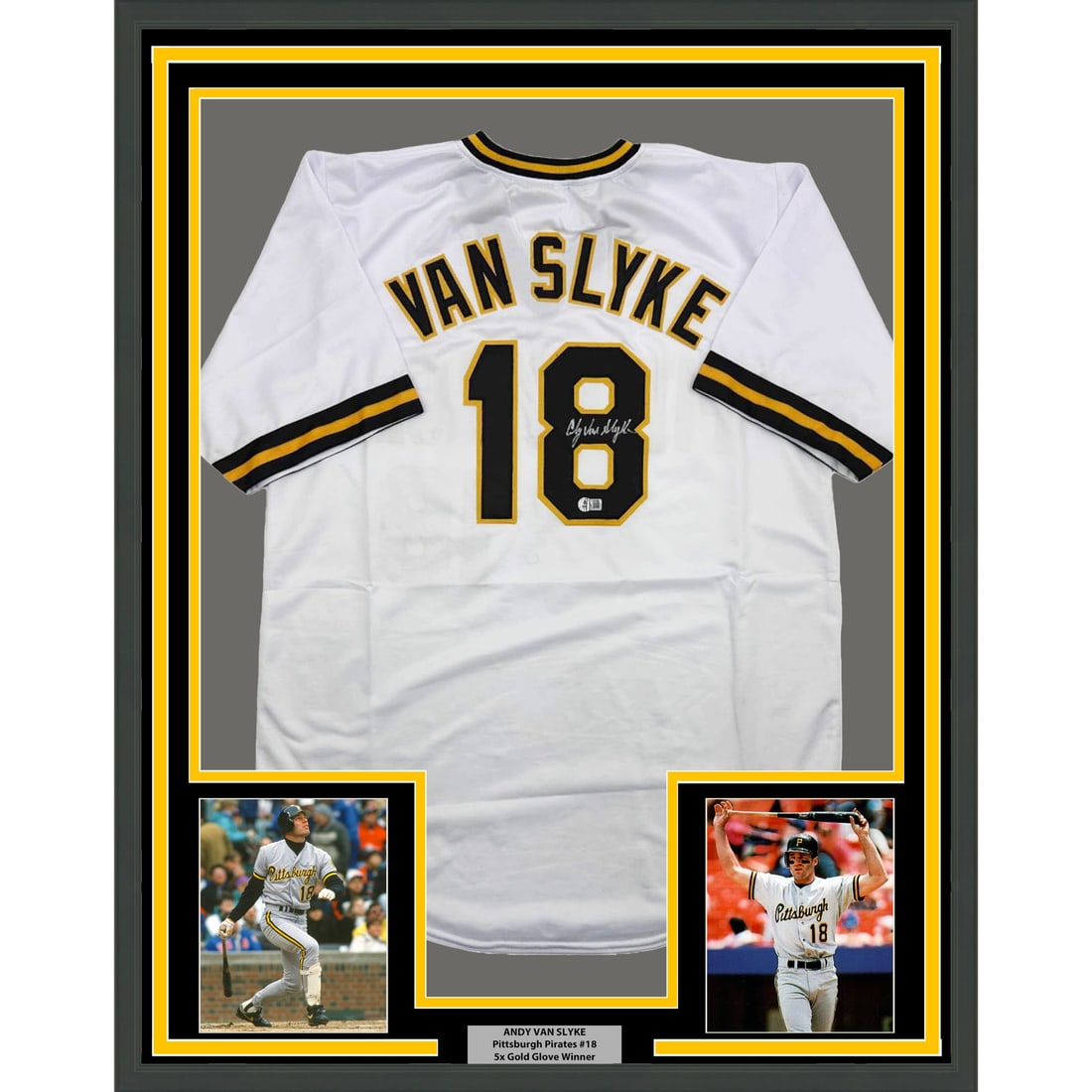 Framed Andy Van Slyke Autographed Jersey Pittsburgh Pirates BAS COA 35x39: Framed Andy Van Slyke Autographed Jersey Pittsburgh Pirates BAS COA 35x39 This professionally framed and matted piece features an autographed white jersey of Andy Van Slyke, a notable player for the P