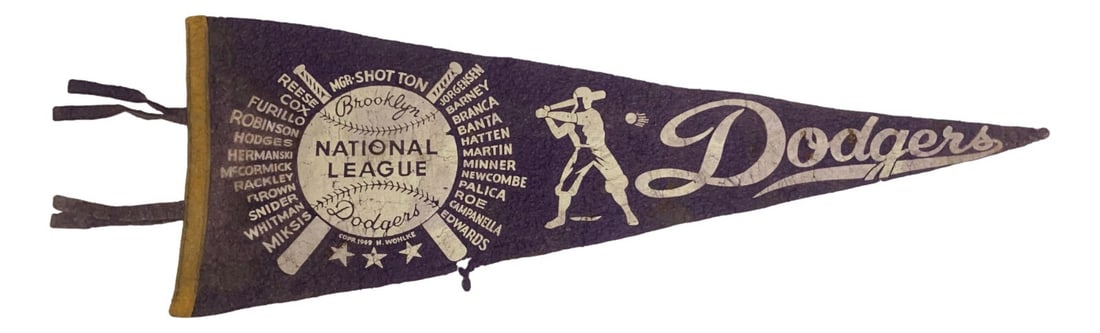 Rare 1949 Brooklyn Dodgers Jackie Robinson MVP Pennant Vintage: Rare 1949 Brooklyn Dodgers Jackie Robinson MVP Pennant Vintage Celebrate the legacy of baseball with this very rare 1949 Brooklyn Dodgers pennant, featuring Jackie Robinson during his MVP season. This