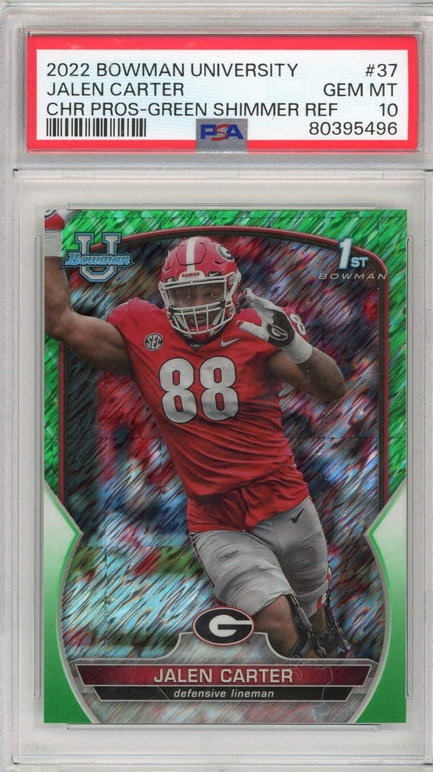 2022 Bowman University Jalen Carter #37 GreenShimmer PSA 10 Football Card: 2022 Bowman University Jalen Carter #37 GreenShimmer PSA 10 Football Card This is a graded 2022 Bowman University Jalen Carter #37 GreenShimmer Football Card, receiving a perfect PSA 10 grade. The car