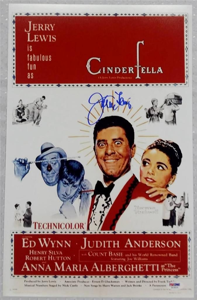 Cinderfella 11x17 Movie Poster Photo Signed by Jerry Lewis with PSA DNA COA: Cinderfella 11x17 Movie Poster Photo Signed by Jerry Lewis with PSA DNA COA This is an original 11x17 photograph poster from the movie Cinderfella, signed by Jerry Lewis. The item includes PSA/DNA aut