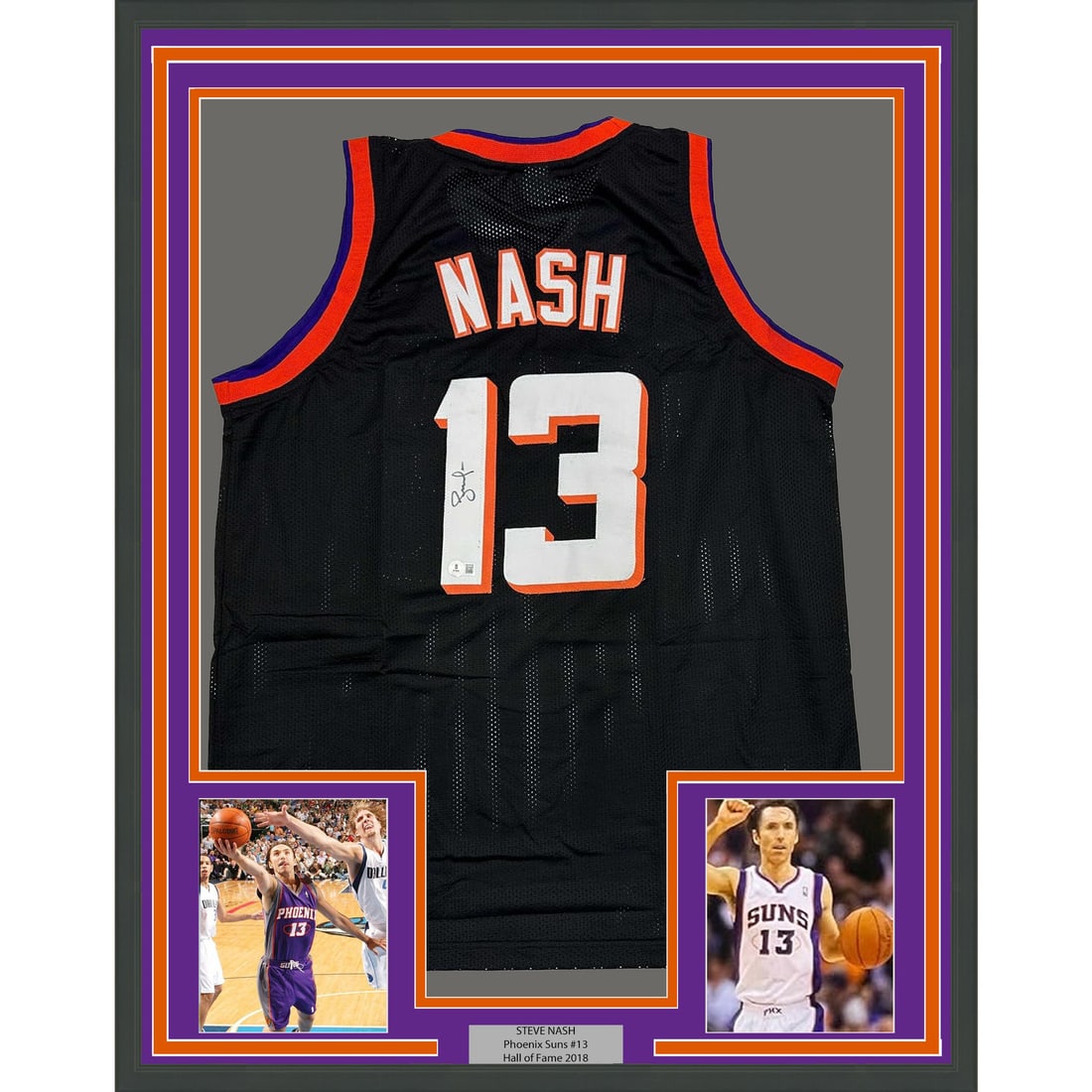 Framed Steve Nash Autographed Phoenix Suns Jersey with Beckett COA: Framed Steve Nash Autographed Phoenix Suns Jersey with Beckett COA Celebrate the legacy of NBA superstar Steve Nash with this professionally framed and autographed Phoenix Suns black jersey. Measuring