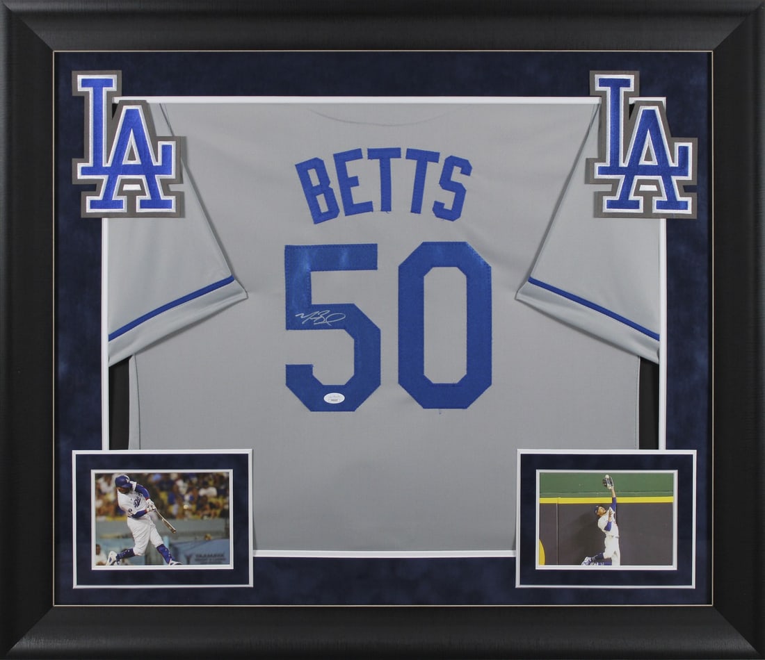 Mookie Betts Signed Grey Framed Jersey Los Angeles Dodgers JSA COA: Mookie Betts Signed Grey Framed Jersey Los Angeles Dodgers JSA COA Celebrate your love for the Los Angeles Dodgers with this authentic, autographed grey pro style framed jersey personally signed by st