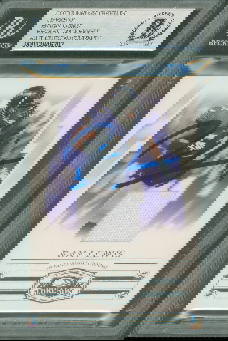 Ray Lewis Autographed 2007 Donruss Threads #6 Card Gem Mint 10 BAS Slab: Ray Lewis Autographed 2007 Donruss Threads #6 Card Gem Mint 10 BAS Slab This 2007 Donruss Threads Jerseys #6 card features a stunning autographed signature of Ray Lewis, a legendary player of the Balt