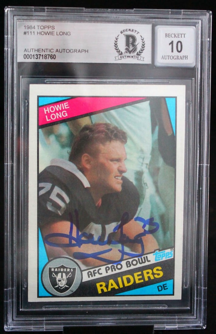 1984 Topps Howie Long Auto Rookie Card BGS 10 Oakland Raiders: 1984 Topps Howie Long Auto Rookie Card BGS 10 Oakland Raiders This is a 1984 Topps #111 sports trading card featuring Hall of Famer Howie Long, a rookie autographed card from the Oakland Raiders. The