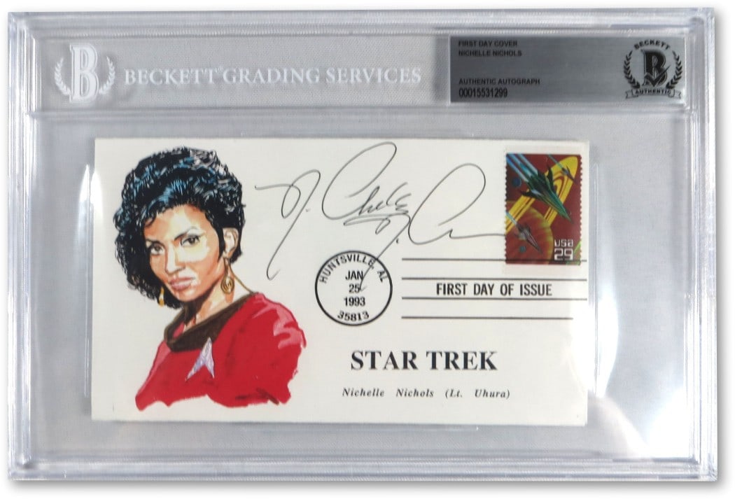 Nichelle Nichols Signed First Day Cover Star Trek Uhura JSA Authentication: Nichelle Nichols Signed First Day Cover Star Trek Uhura JSA Authentication This is an authentic first day cover signed by Nichelle Nichols, famously known for her role as Lt. Uhura in Star Trek. The a