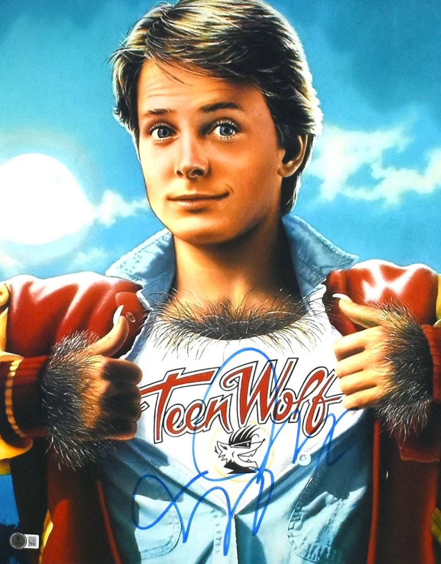 Michael J Fox Signed 16x20 Teen Wolf Photo Beckett Authentication: Michael J Fox Signed 16x20 Teen Wolf Photo Beckett Authentication This striking photograph features Michael J. Fox in a memorable scene from the iconic film 'Teen Wolf.' The photo is autographed by Fo