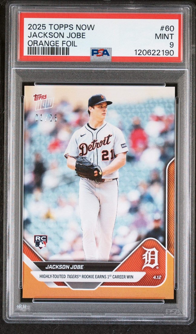 2025 Topps Now Jackson Jobe #60 Orange Foil /25 RC PSA 9 Baseball Card: 2025 Topps Now Jackson Jobe #60 Orange Foil /25 RC PSA 9 Baseball Card This is a graded 2025 Topps Now Jackson Jobe #60 Orange Foil /25 RC Baseball Card, featuring the talented athlete Jackson Jobe, w