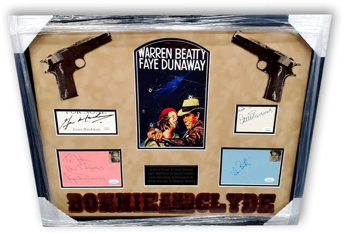 Bonnie and Clyde Autographed Collage by Beatty Dunaway Hackman Parsons JSA Certified: Bonnie and Clyde Autographed Collage by Beatty Dunaway Hackman Parsons JSA Certified This stunning collage features iconic images from the classic film "Bonnie and Clyde," showcasing the signatures of