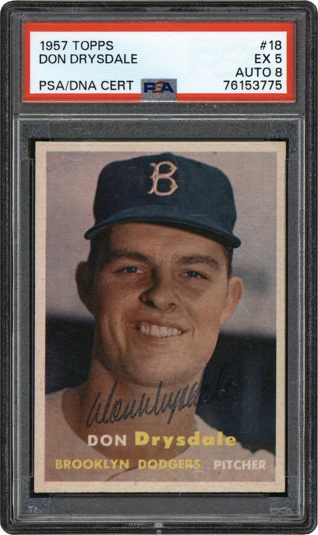 Don Drysdale Signed 1957 Topps Rookie Card Ex 5 Auto 8 PSA Slabbed: Don Drysdale Signed 1957 Topps Rookie Card Ex 5 Auto 8 PSA Slabbed This 1957 Topps #18 Rookie Card features the legendary Don Drysdale, a key player for the Brooklyn Dodgers. Graded Ex 5 for the card'