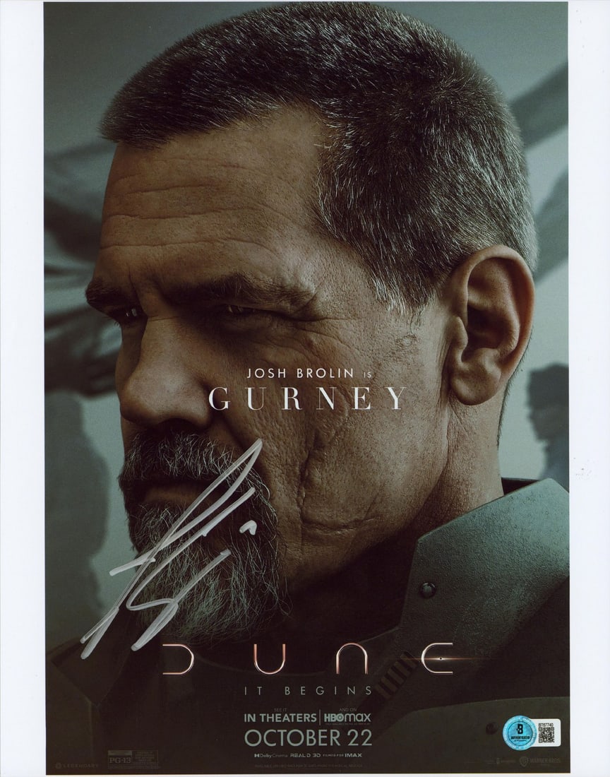 Josh Brolin Signed Dune 11x14 Vertical Photo with BAS Hologram: Josh Brolin Signed Dune 11x14 Vertical Photo with BAS Hologram This stunning 11x14 vertical photograph features a bold signature from Josh Brolin, known for his role in the acclaimed film Dune. The ph