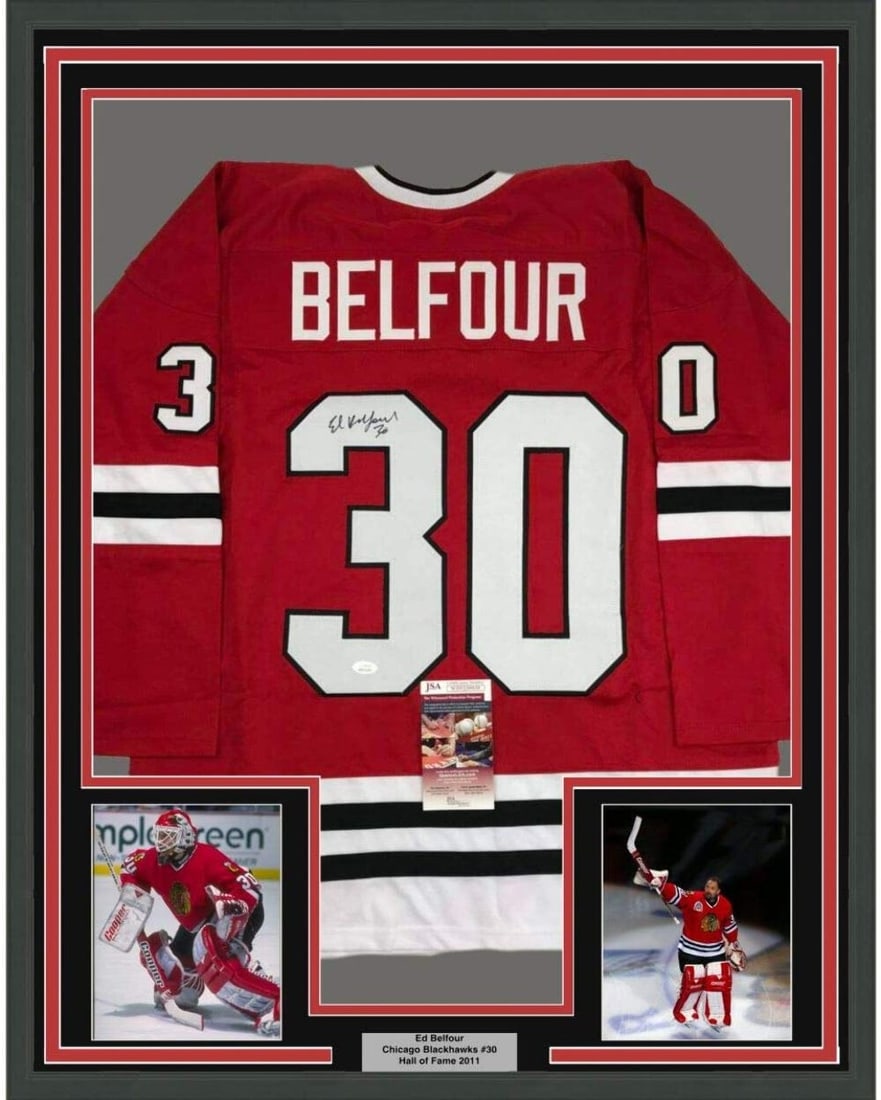 Framed Ed Belfour Autographed Chicago Blackhawks Jersey with JSA COA (1 of 2)