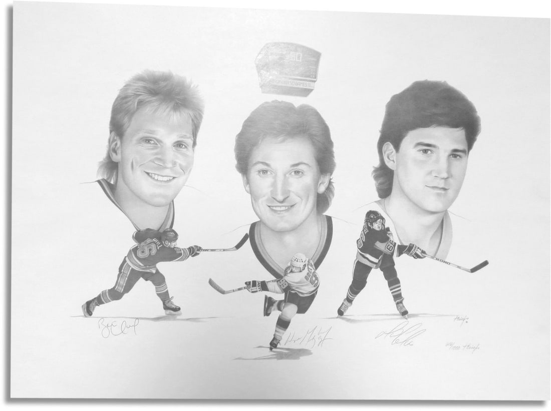 Wayne Gretzky Brett Hull Mario Lemieux Signed Litho 50 Goals 50 Games Limited Edition: Wayne Gretzky Brett Hull Mario Lemieux Signed Litho 50 Goals 50 Games Limited Edition Celebrate hockey history with this stunning lithograph featuring legends Wayne Gretzky, Brett Hull, and Mario Lemi