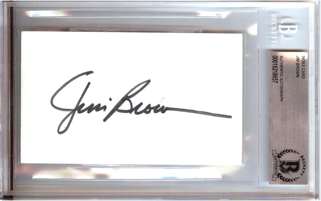 Jim Brown Autographed Index Card Encased Beckett Authentic HOF Legend: Jim Brown Autographed Index Card Encased Beckett Authentic HOF Legend This is a Jim Brown signed autographed index card, celebrating the legendary Cleveland Browns player and Hall of Famer. The card i