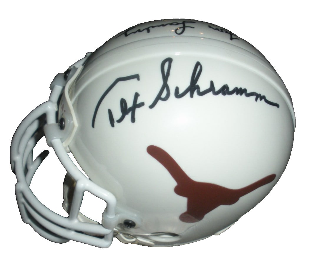 TEX SCHRAMM TOM LANDRY SIGNED MINI HELMET JSA COA RARE: TEX SCHRAMM TOM LANDRY SIGNED MINI HELMET JSA COA RARE This rare mini helmet is a remarkable collectible, featuring the signatures of TEX SCHRAMM and TOM LANDRY. It is an original piece, authenticated